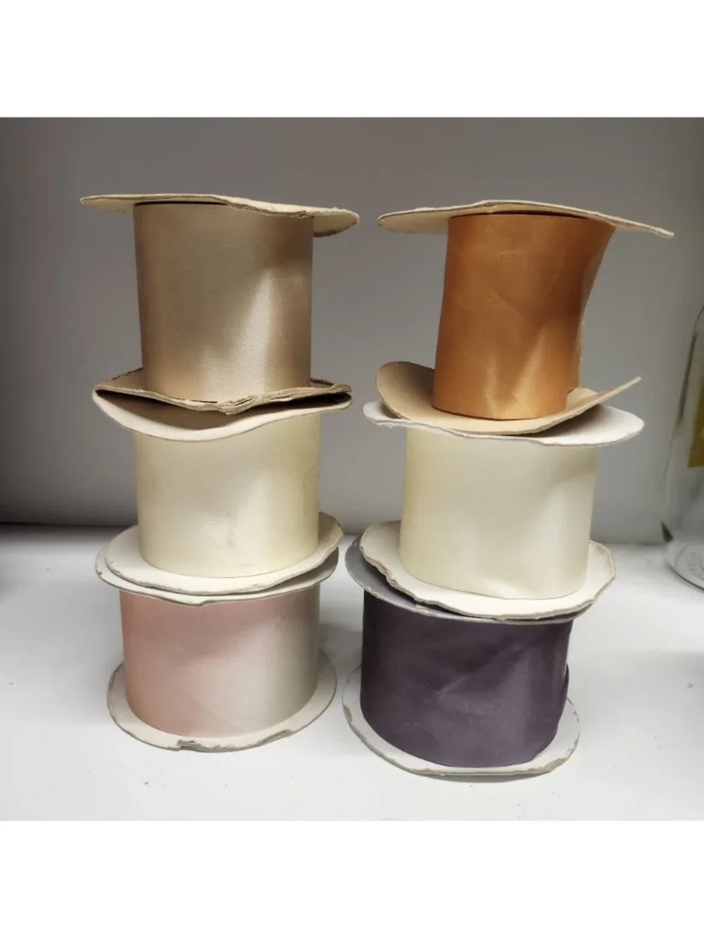 6 Rolls Vintage Florist Satin Ribbon Purple, Pink, Cream, Eggshell, Gold, Tan Cr
